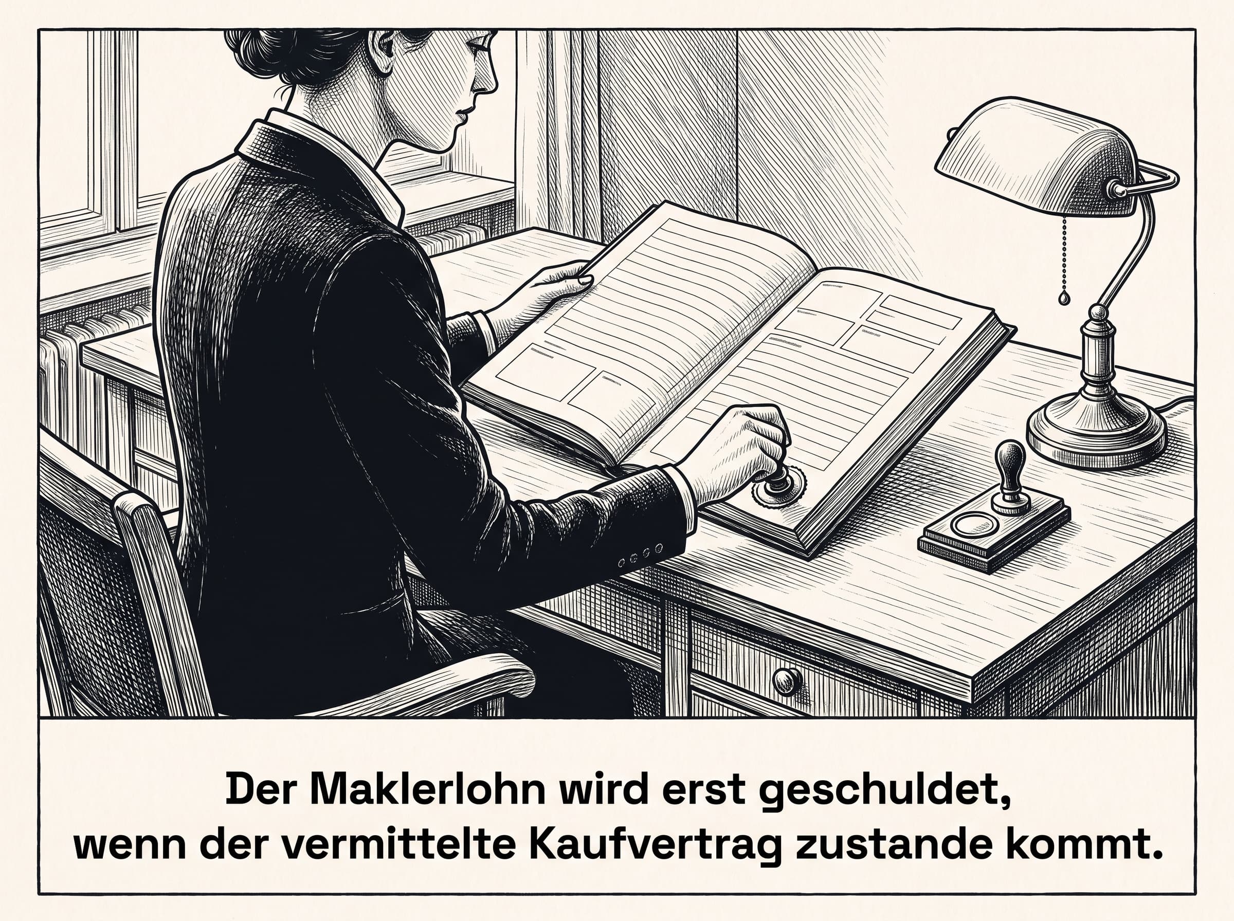 Feinliner-Zeichnung: Notarin oder Notar mit Kaufvertrag und Siegel, daneben ein ruhiger Hinweis auf den Zeitpunkt der Beurkundung