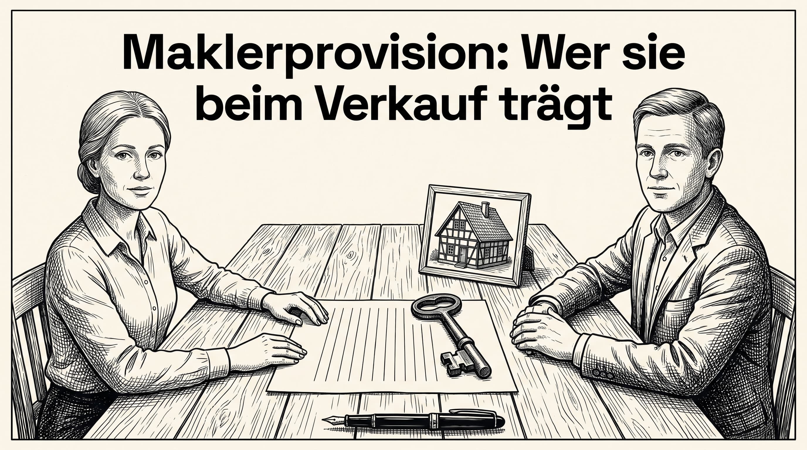 Feinliner-Zeichnung auf hellem Papier: zwei Personen sitzen an einem Tisch über einem Vertrag, zwischen ihnen eine offene Frage, wer die Maklerprovision trägt