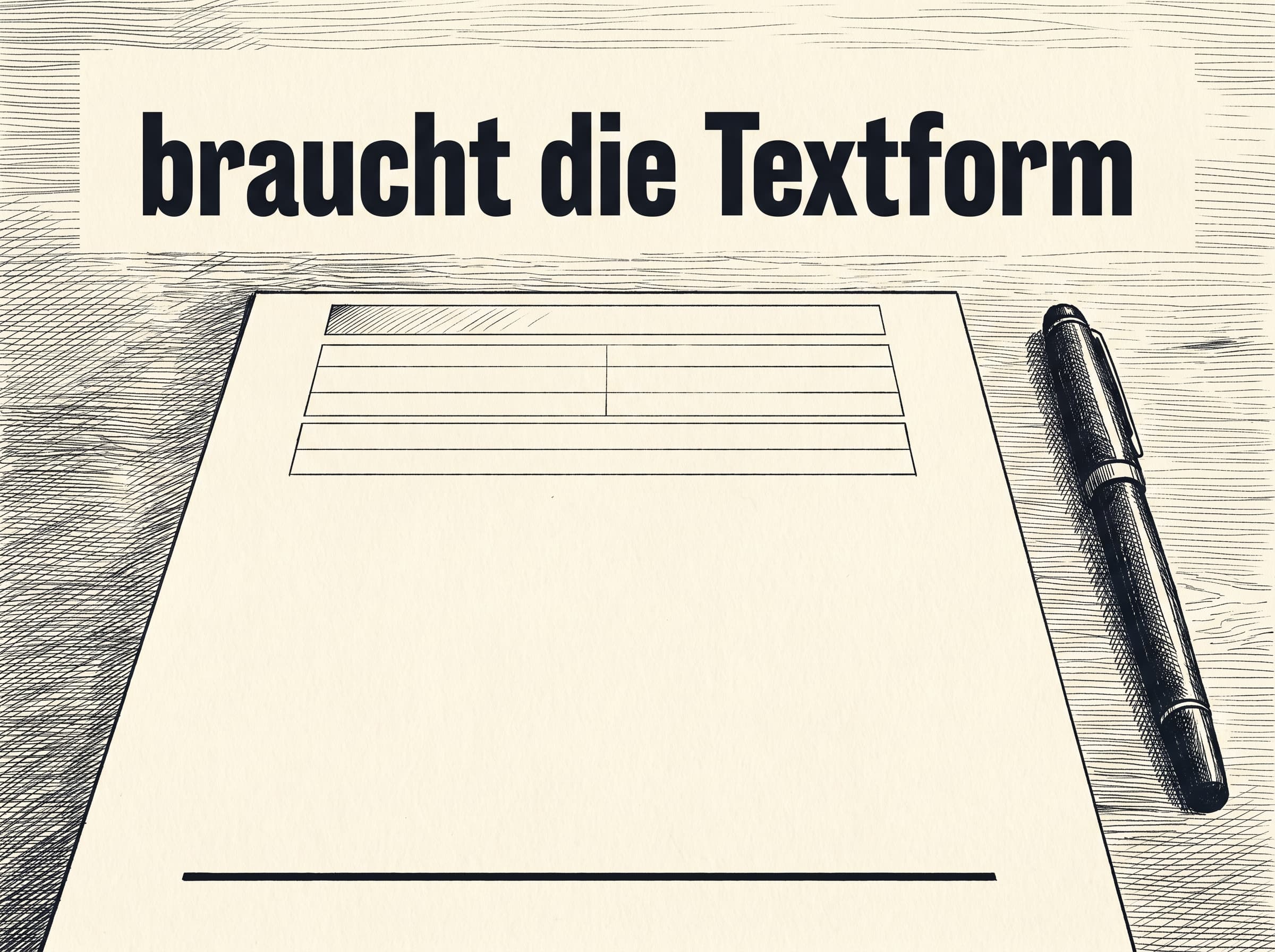 Feinliner-Zeichnung: ein noch ununterschriebener Maklervertrag auf dem Tisch, lesbarer Text, Stift daneben, keine Unterschrift
