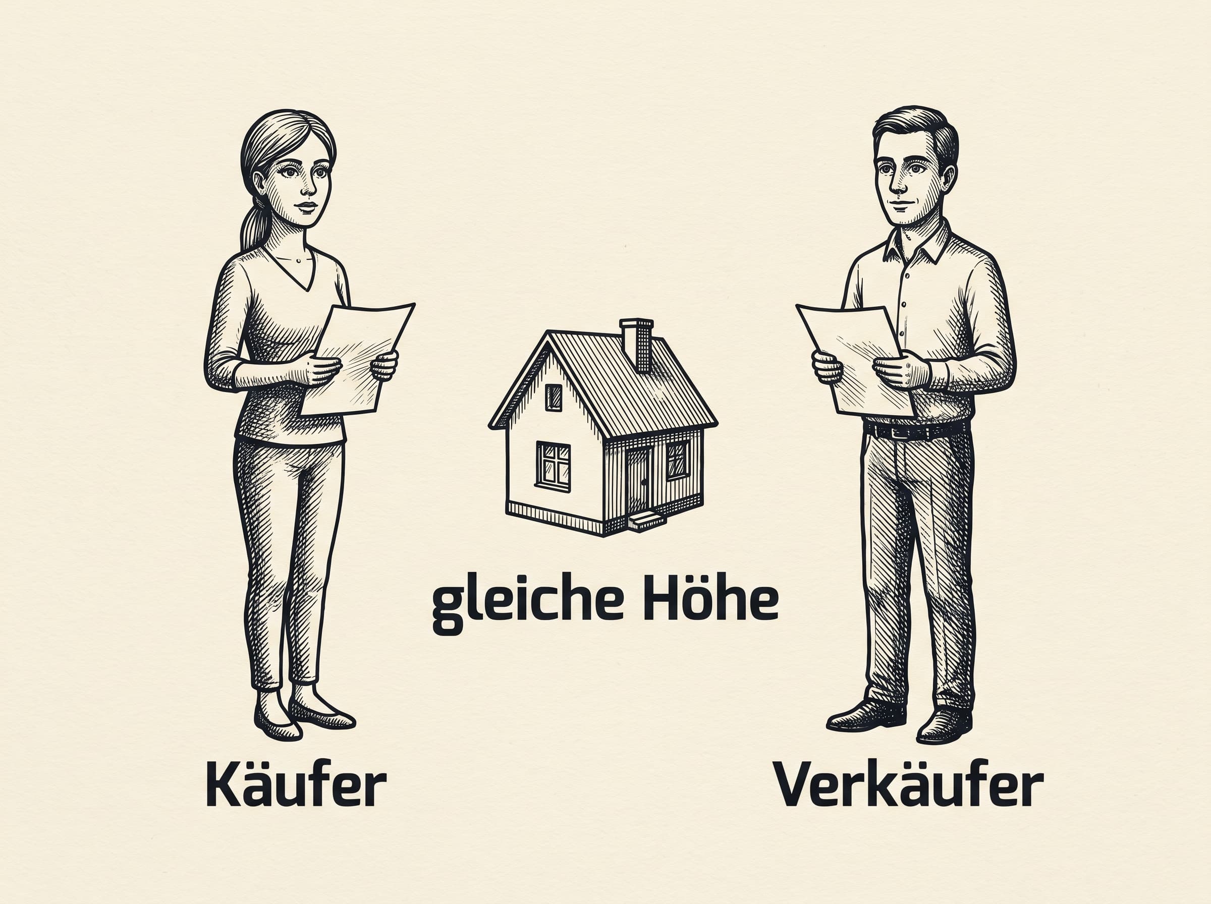 Feinliner-Zeichnung: Käufer- und Verkäuferseite eines Kaufs stehen sich gegenüber, beide mit gleich hohen Anteilen, ohne Zahlen und ohne Eurobetrag