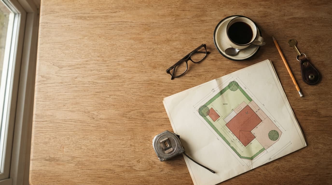 Lageplan, Maßband, Brille und ein Haustürschlüssel liegen von oben gesehen auf einem Eichentisch