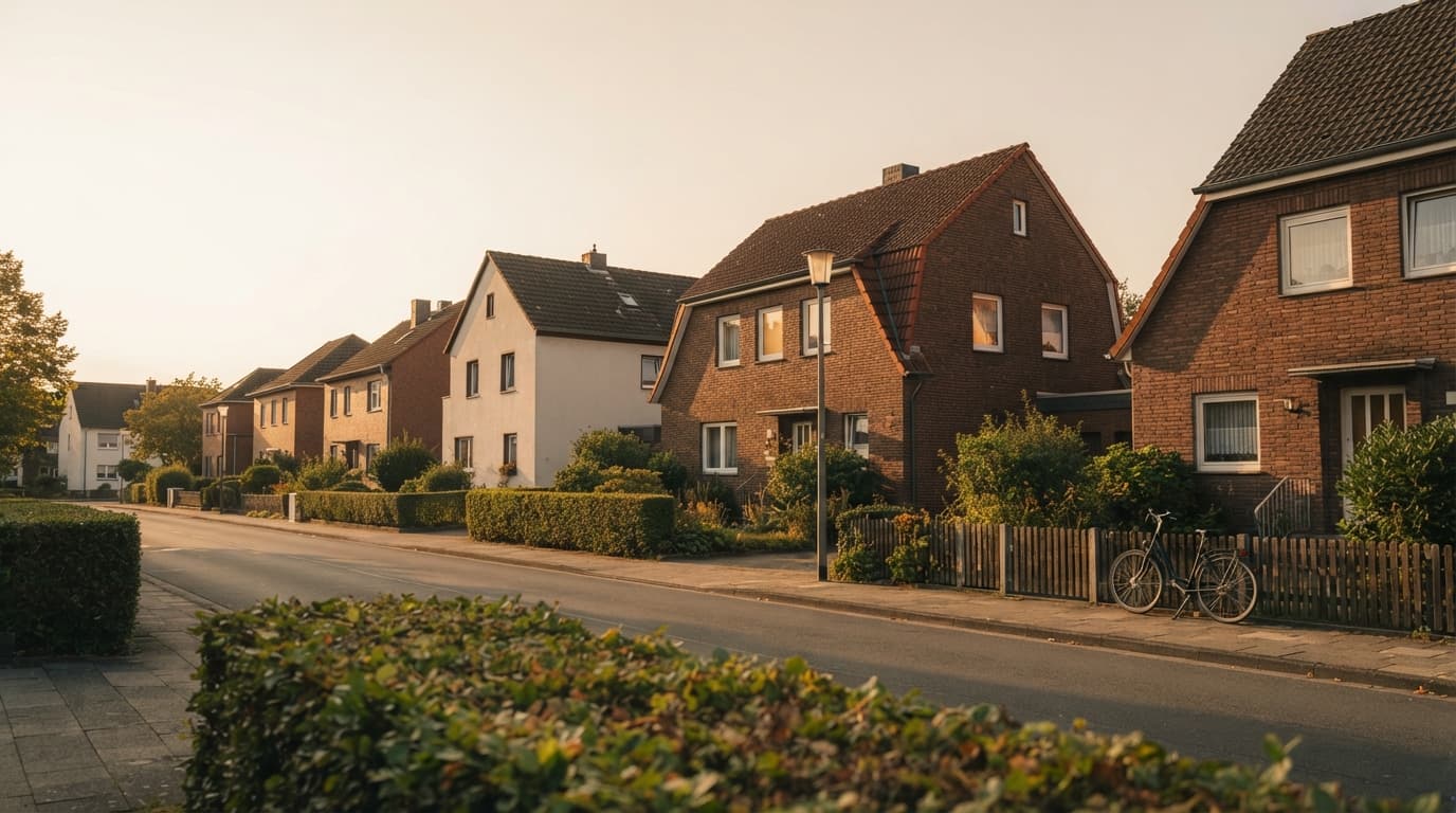 Wohnstraße mit Klinker- und Putzfassaden im Abendlicht, wie sie in der Region um Euskirchen typisch ist